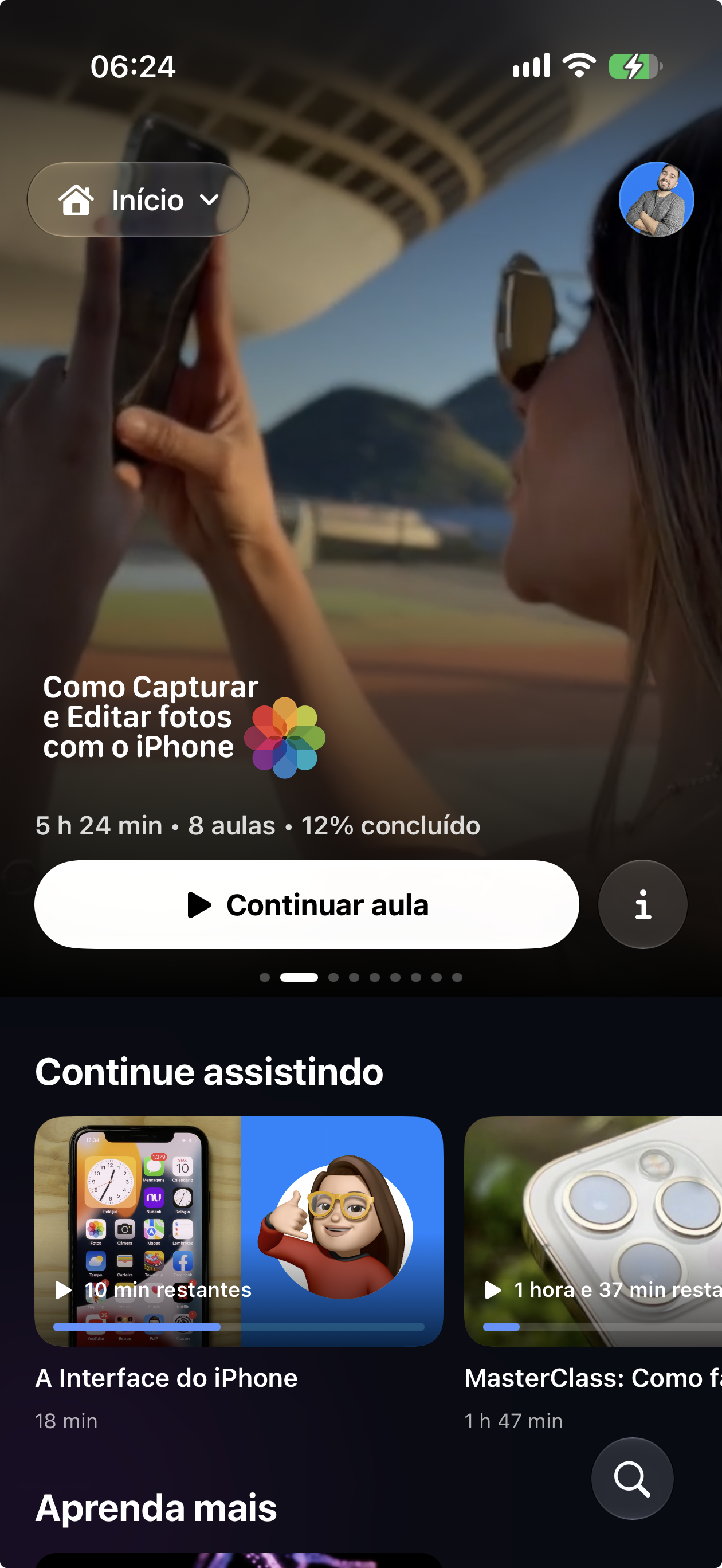 Tela inicial real do iLuno, com cursos em destaque e a seção Continue assistindo
